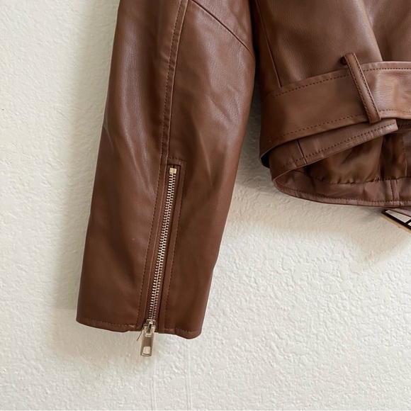 Zara Brown Faux Leather Biker Jacket Gold Zippers, Size M - Picture 5 of 6
